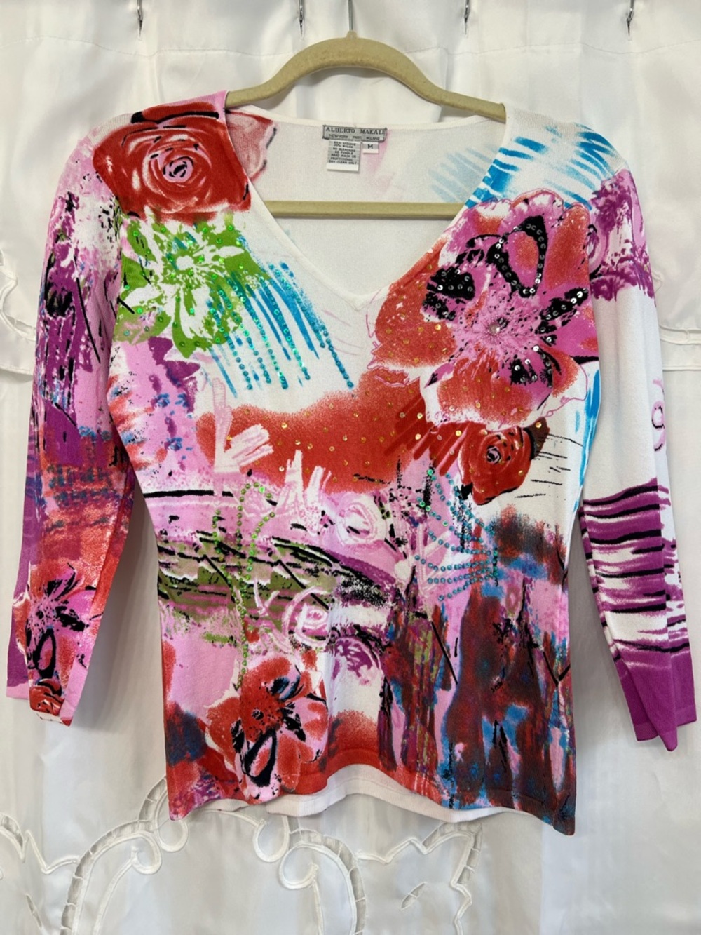 Alberto Makali Embellished Floral Art Print Top Medium Y2K Rhinestone V-Neck